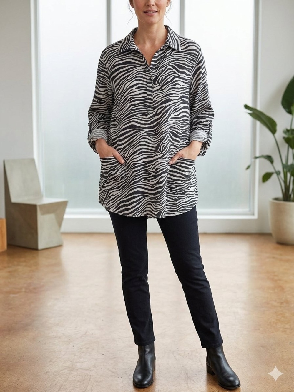 Jones New York Linen Blend tab sleeves button up Top